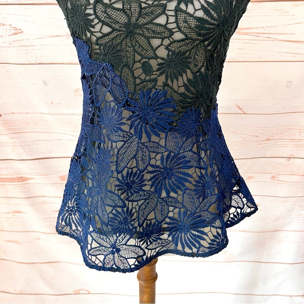 Anthropologie Deletta Guipure Lace Asymmetrical Ombre Sheer Peplum Blouse - Picture 3 of 11